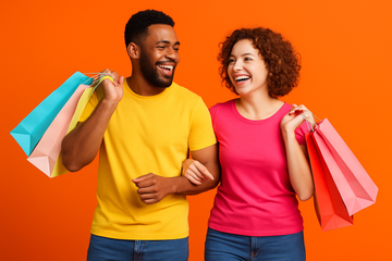 happy couple shopping on a plain coloured background. not white or a light colour. A colour that is bright